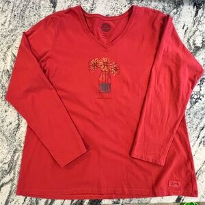LIFE IS GOOD 🌺 Long Sleeve Red Shirt w Floral Print, Cotton